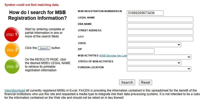 官网所示的MSB编号31000205673436在美国FinCEN官网无法查到任何信息