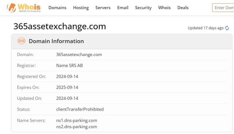 whois domain time of 365assetexchange