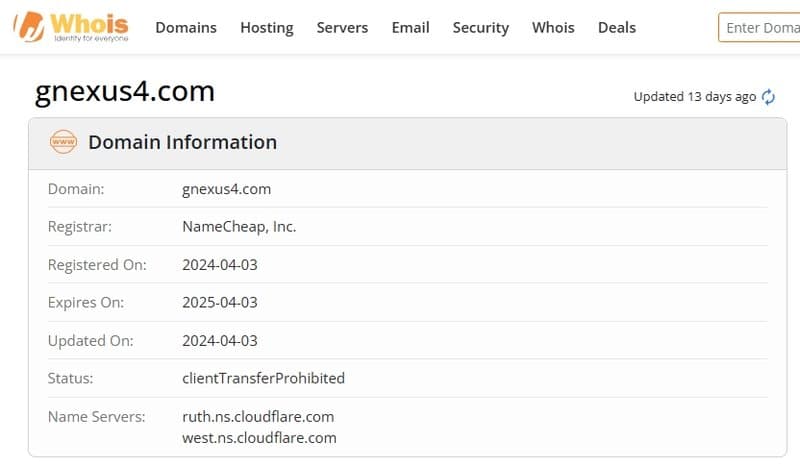 ข้อมูลการจดทะเบียนใน whois ของเว็บไซต์ gnexus4