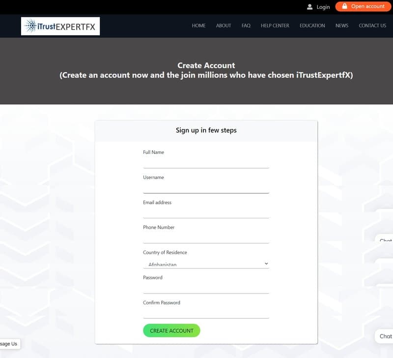 Account Registration Process of iTrustExpertfX