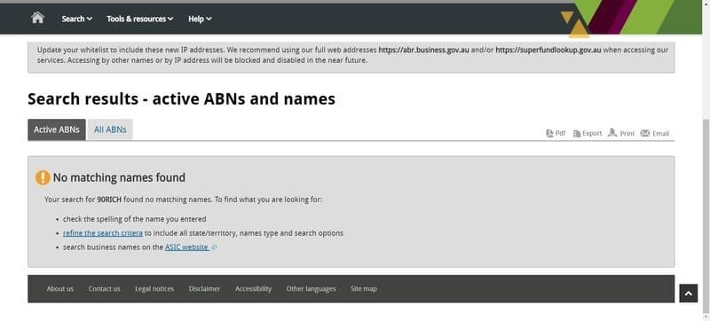 No registration information for 90RICH found on Australia&#x27;s Business Registry