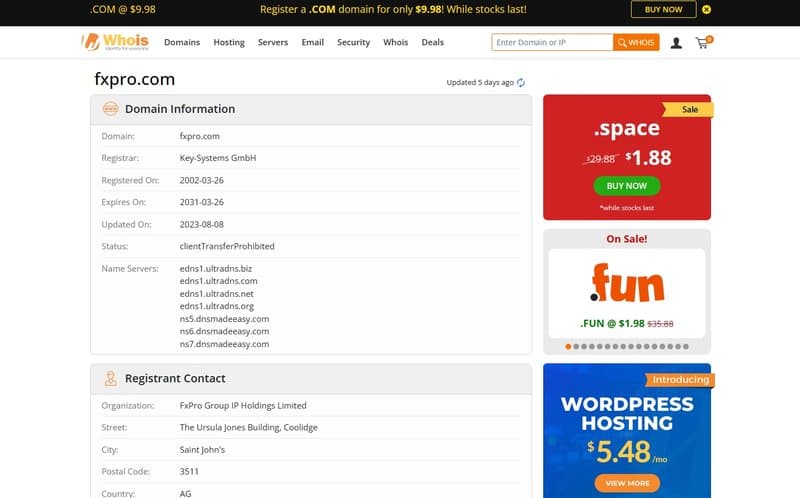 FxPro&#x27;s domain registration time on WHOIS