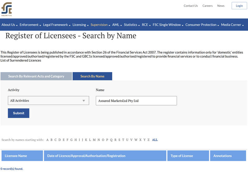 Financial Services Commission, Mauritius(Assured MarketsLtd Pty Ltd)