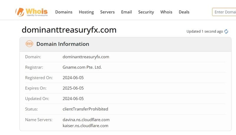 Registration time of DOMINANT TREASURY's domain