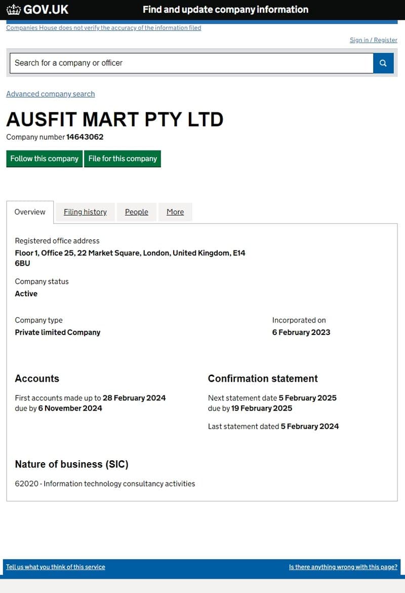 AUSFIT MART&#x27;s company registration information