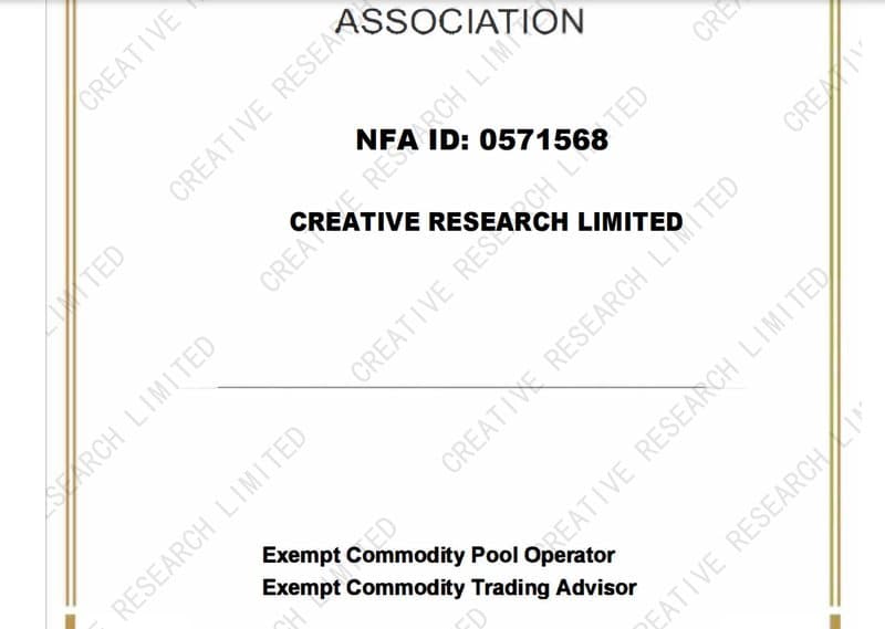 CREATIVE Research Limited 在其网站上展示了美国全国期货协会（NFA）的会员证书