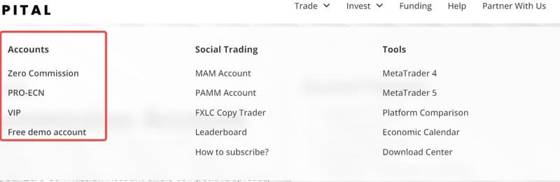 FX Live Capital account types