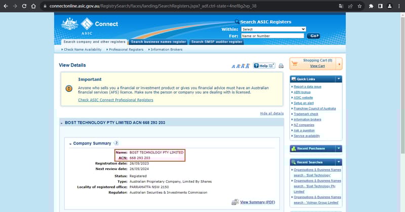 Official website showing company registration information search 2