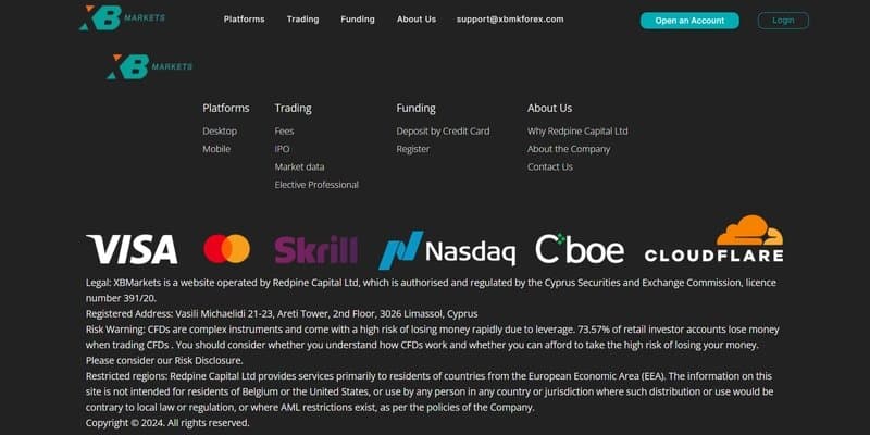 Information claimed by XBmkforex.com on its official website