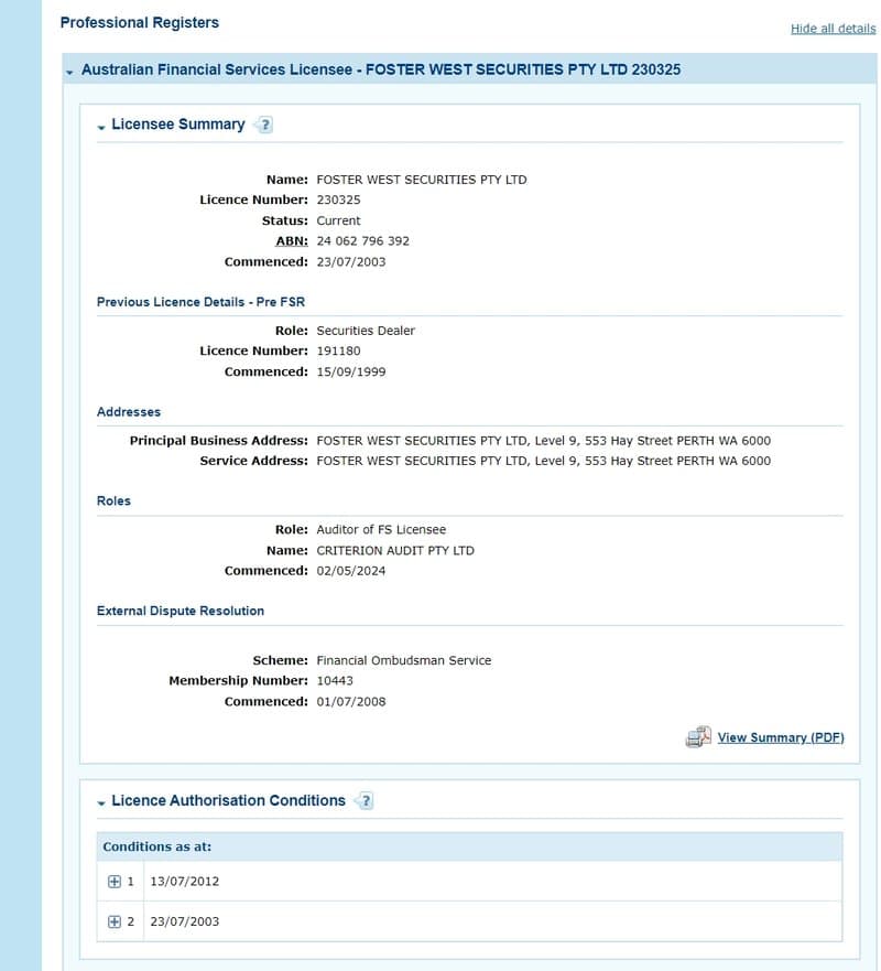 Regulatory information of FOSTER WEST