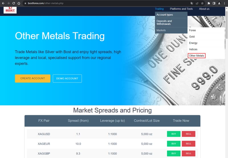 Official website showing trading product information 2
