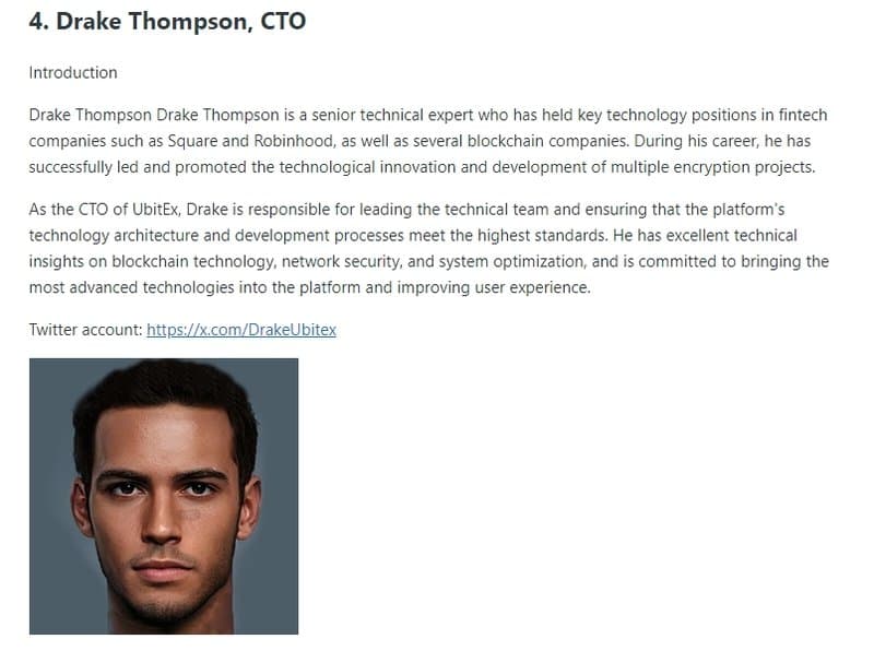 Chief Technology Officer Drake Thompson on UbitEx's website