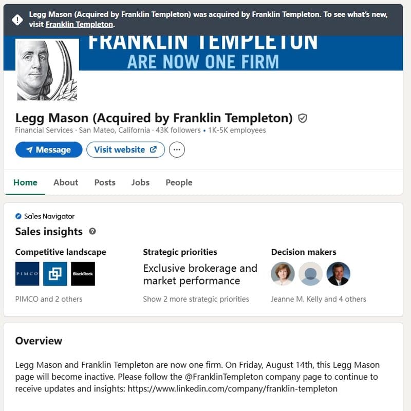 在 LinkedIn 领英 上能够找到真正的 Legg Mason,并确认其已被 Franklin Templeton(富兰克林邓普顿) 收购