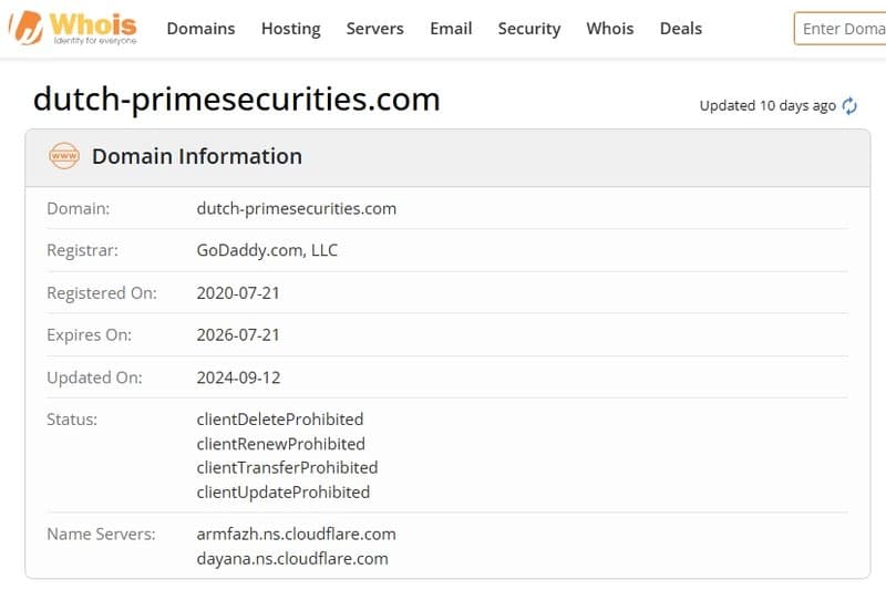 Dutch Prime Securities的官网域名是在2020年7月21日注册的