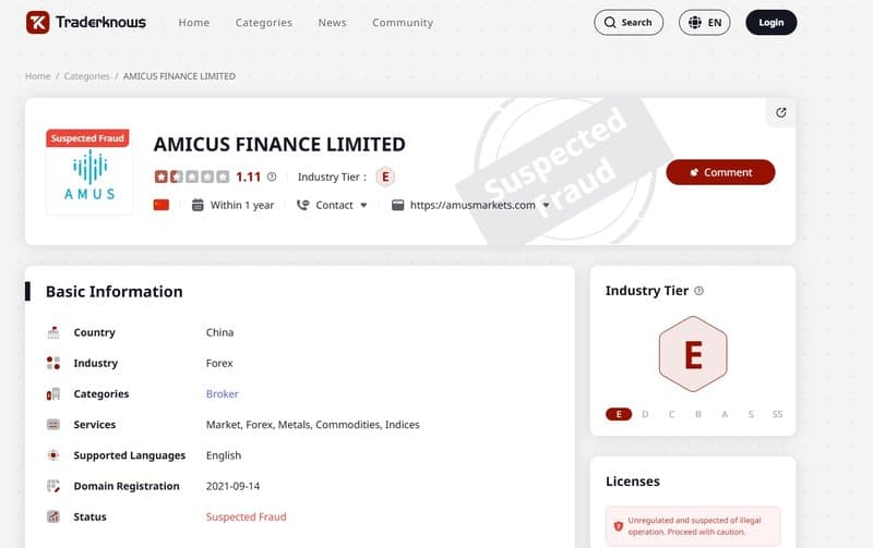 AMICUS FINANCE LIMITED ถูกระบุว่าเป็นแพลตฟอร์มที่น่าสงสัยใน TraderKnows