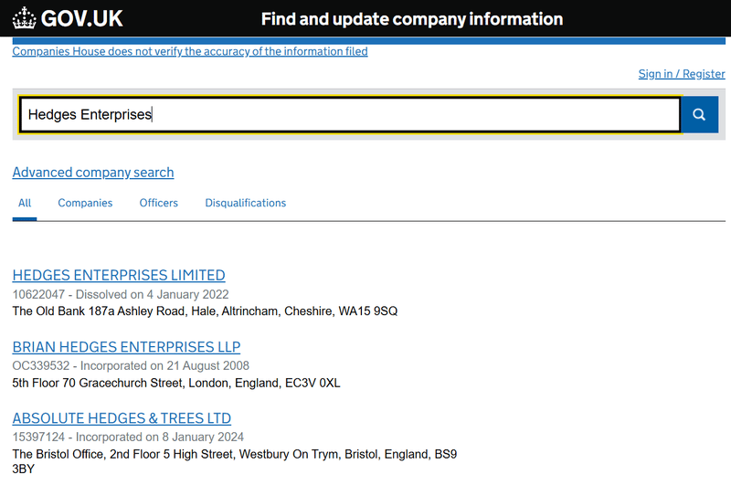 Companies House 조회 결과