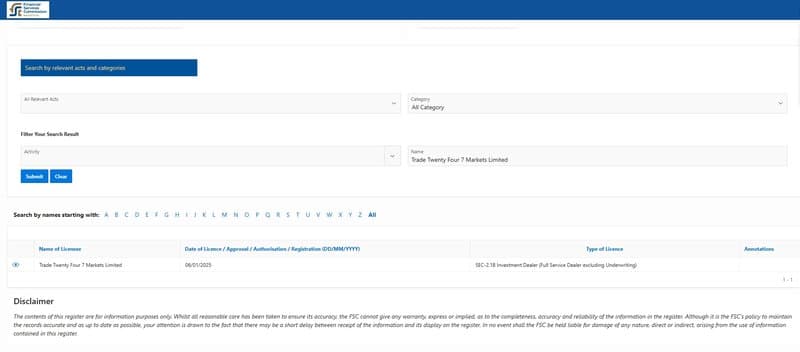 Regulatory information of Mauritius Financial Services Commission (FSC)