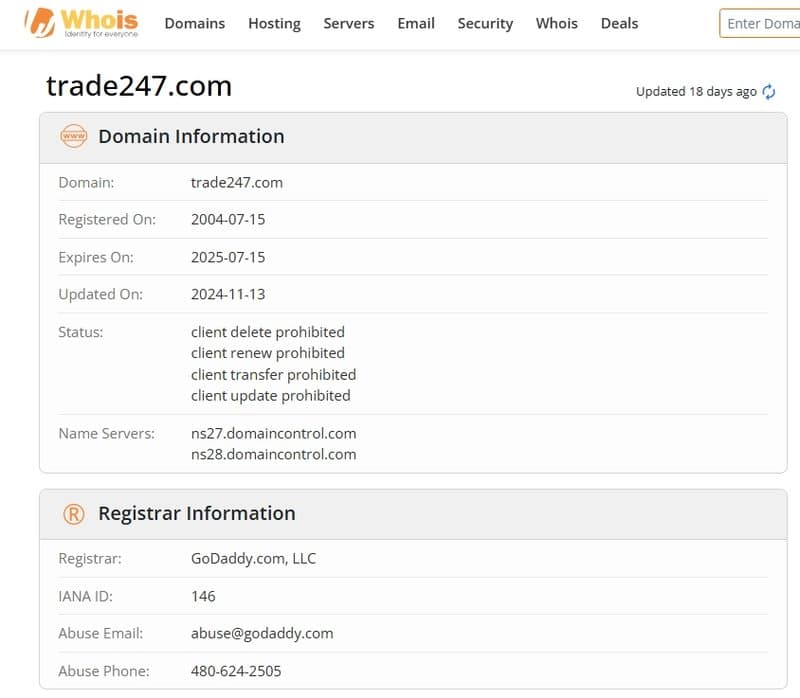 Website registration information