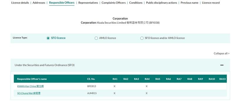Koala Securities' board of directors shows no such person, suggesting possible fabrication of executive endorsements