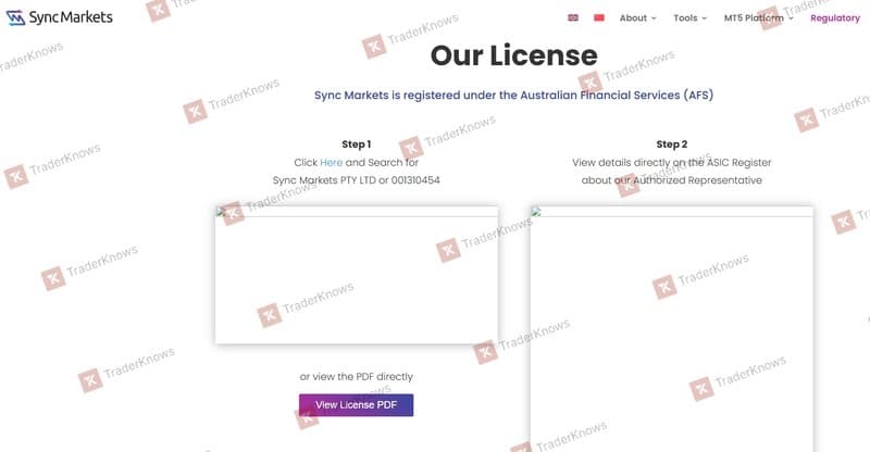Phân khu Regulatory trên trang web của Sync Markets