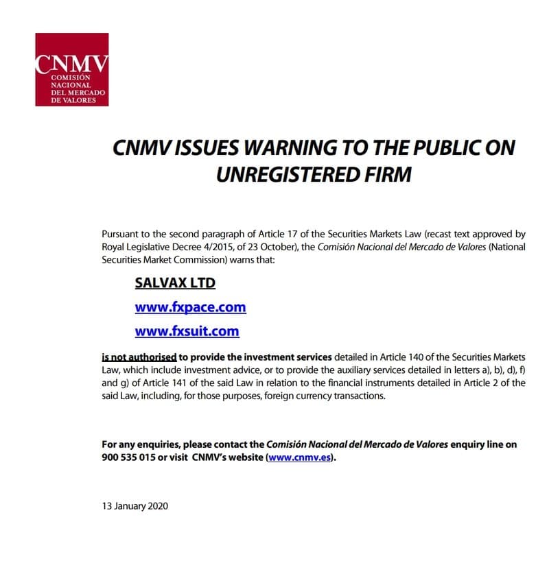西班牙金融管理局CNMV警告
