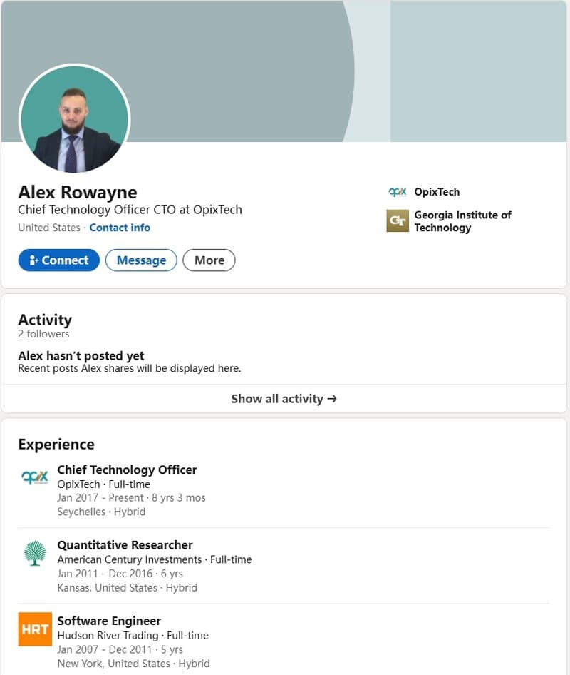 Alex Rowayne’s LinkedIn lacks activity, boasting only two followers