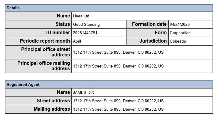 Entity Hoea Ltd registered on April 21, 2025, in Colorado, USA