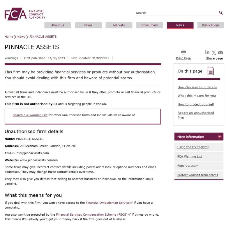 Regulatory Information of Pinnaclassts