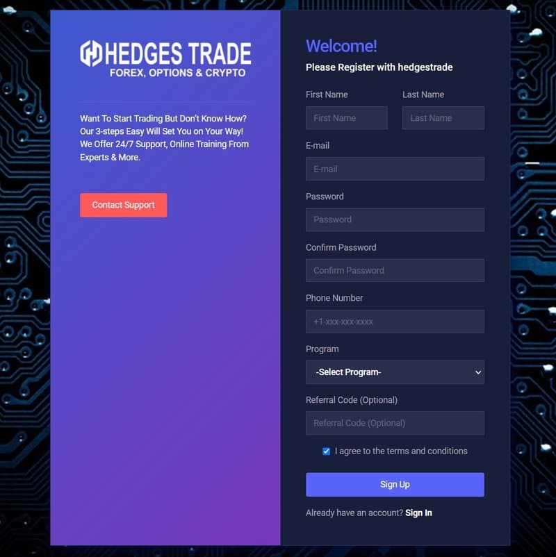 Account registration process for Hedges Trade