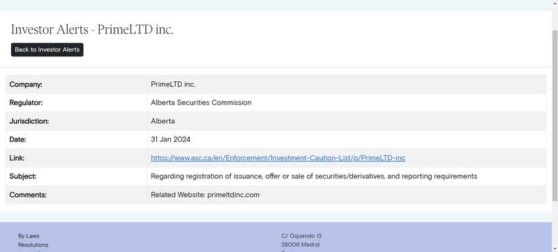 Regulatory Information of PrimeLTD Inc