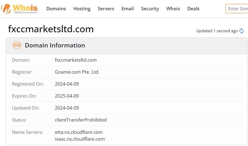 FXCC Markets Ltd website registered on April 9, 2024