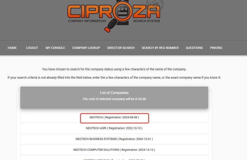 一个名为“NEOTECH”的实体于2024年8月8日在南非公司和知识产权委员会（CIPROZA）进行了注册