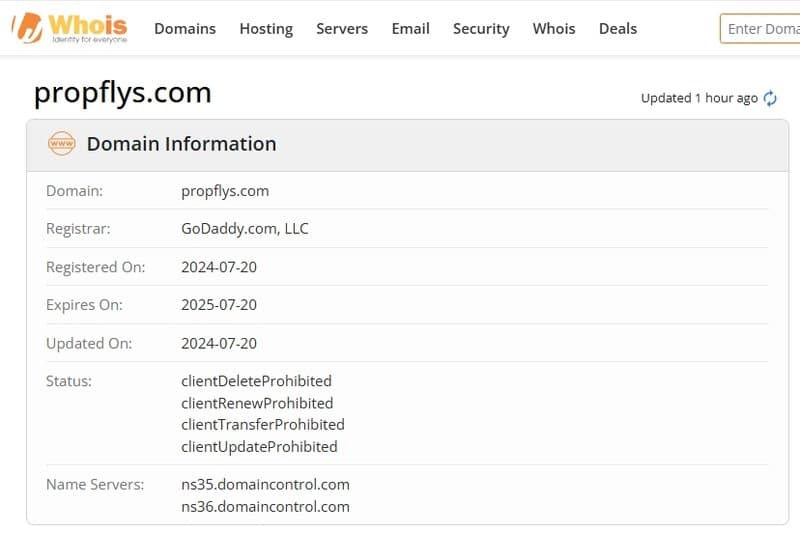 Propflys' website registration information on whois