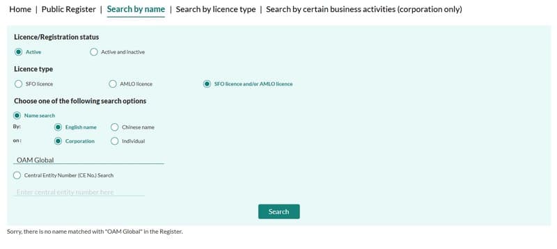 The Hong Kong SFC lists no licensees named OAM Global or its operating entity OAM Global Ltd