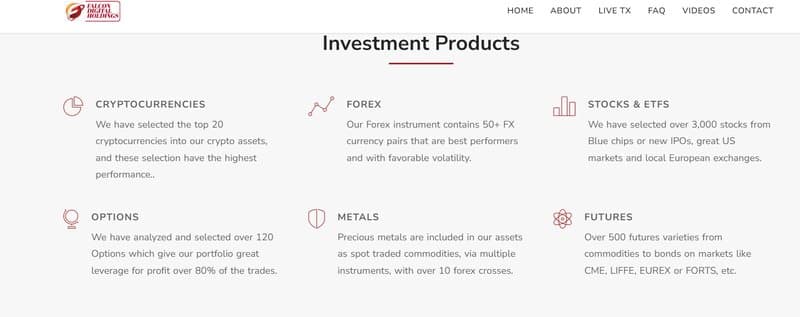 Falcon Digital Holdings trading products
