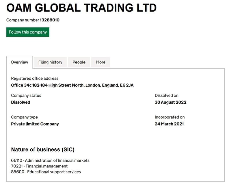 Company named OAM GLOBAL TRADING LTD identified in Companies House UK