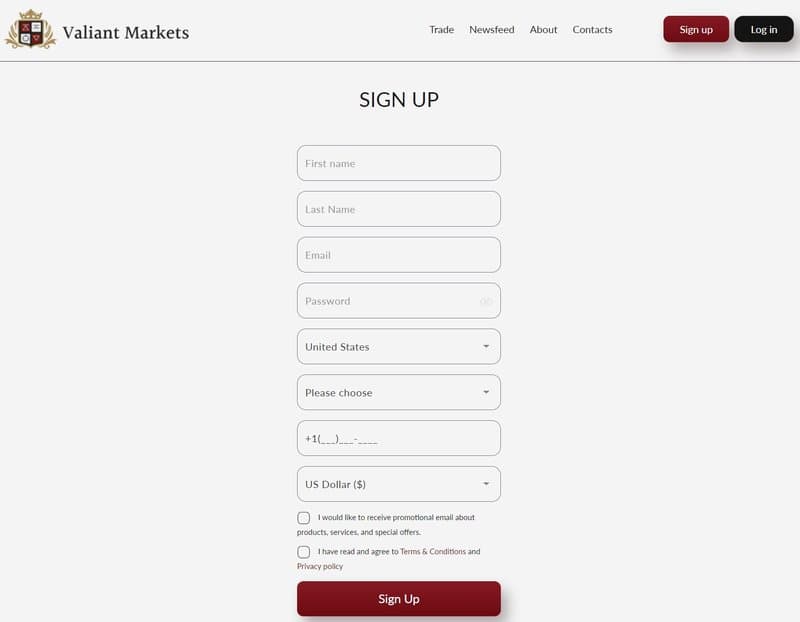 Valiant Markets Account Registration Process