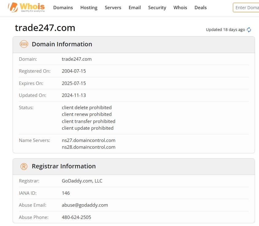 Website registration information