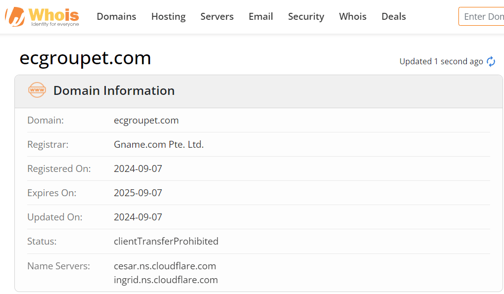 Whois lookup results