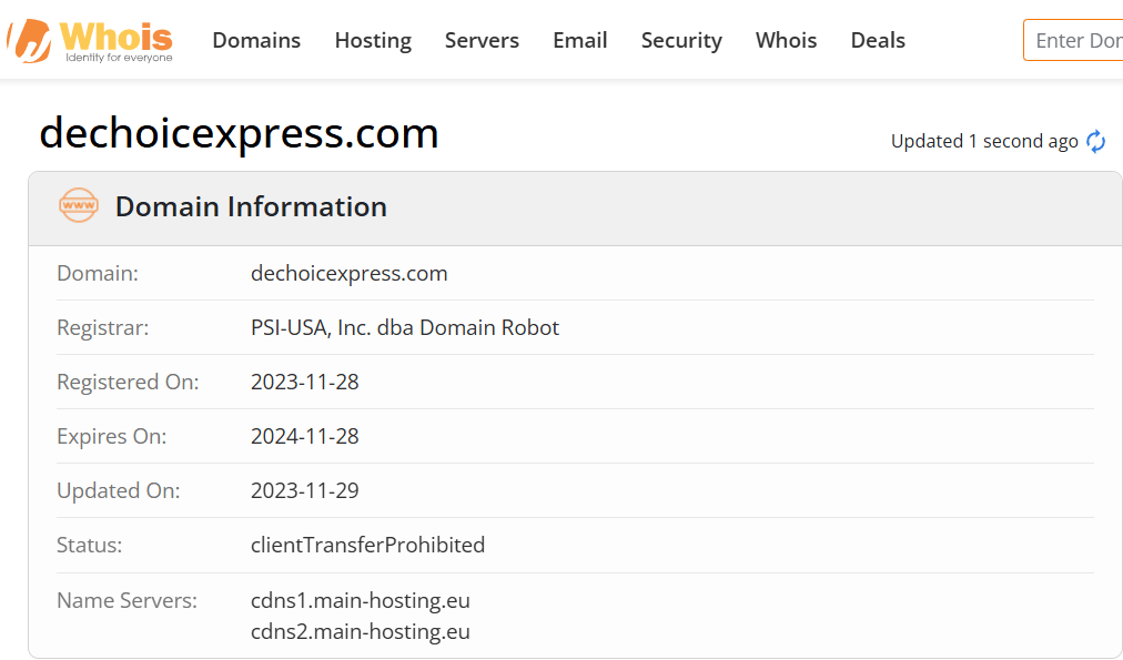 Whois lookup results