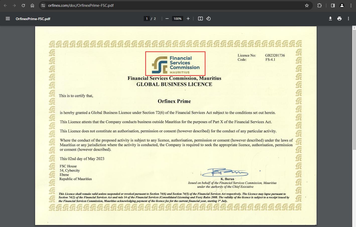 The official website displays regulatory information