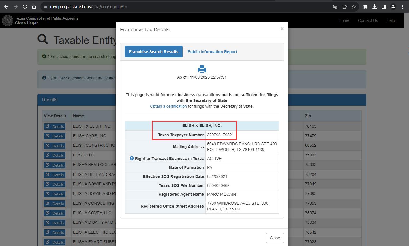 The official website shows the company registration information query