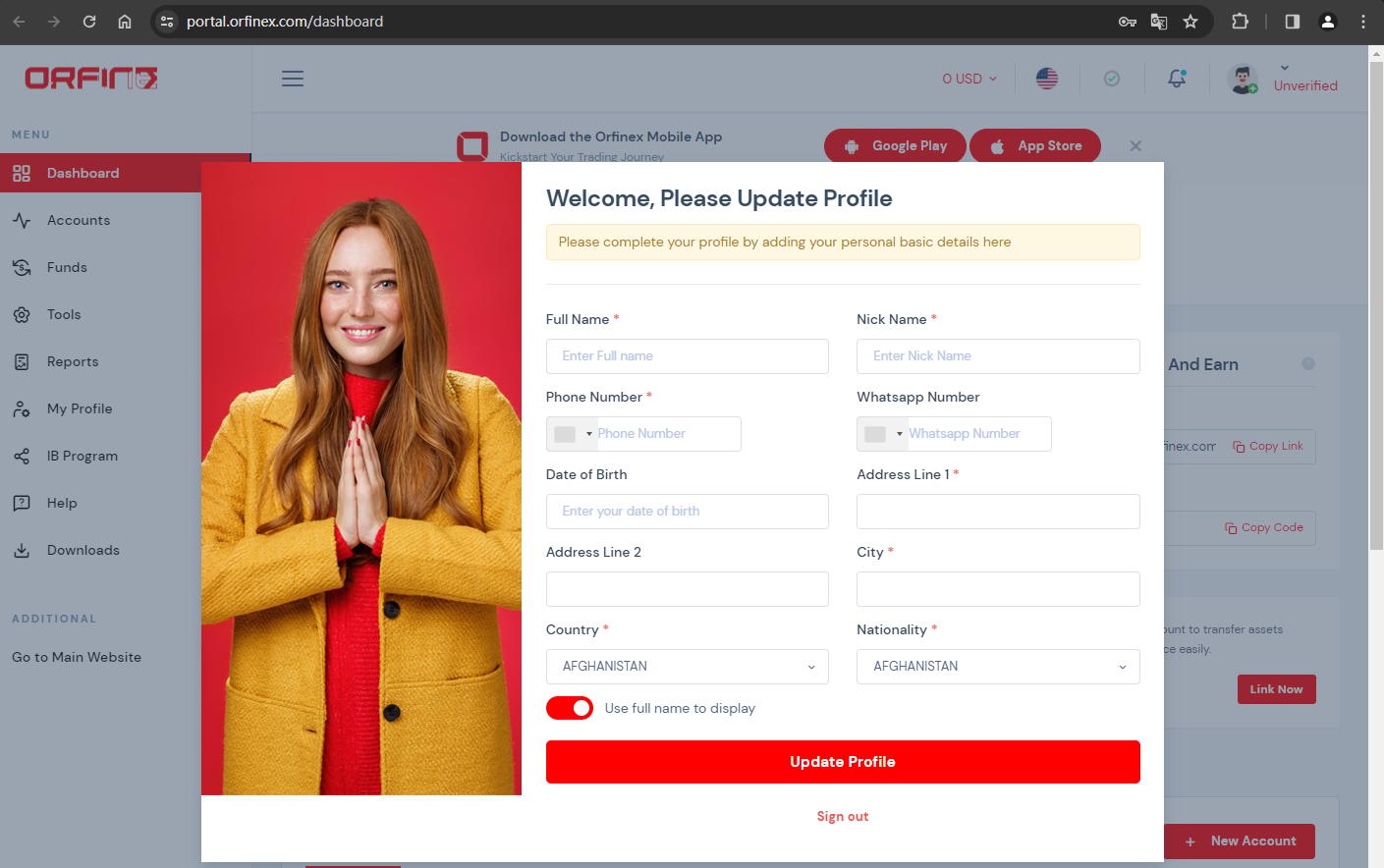 The official website displays account registration information