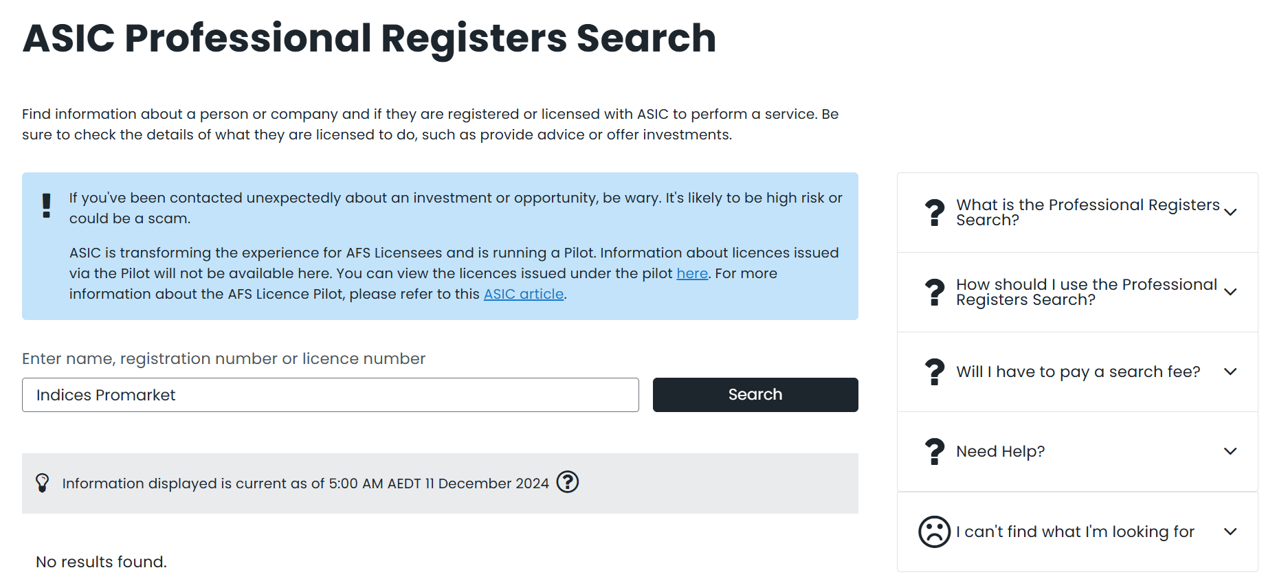 Indices Promarket ASIC