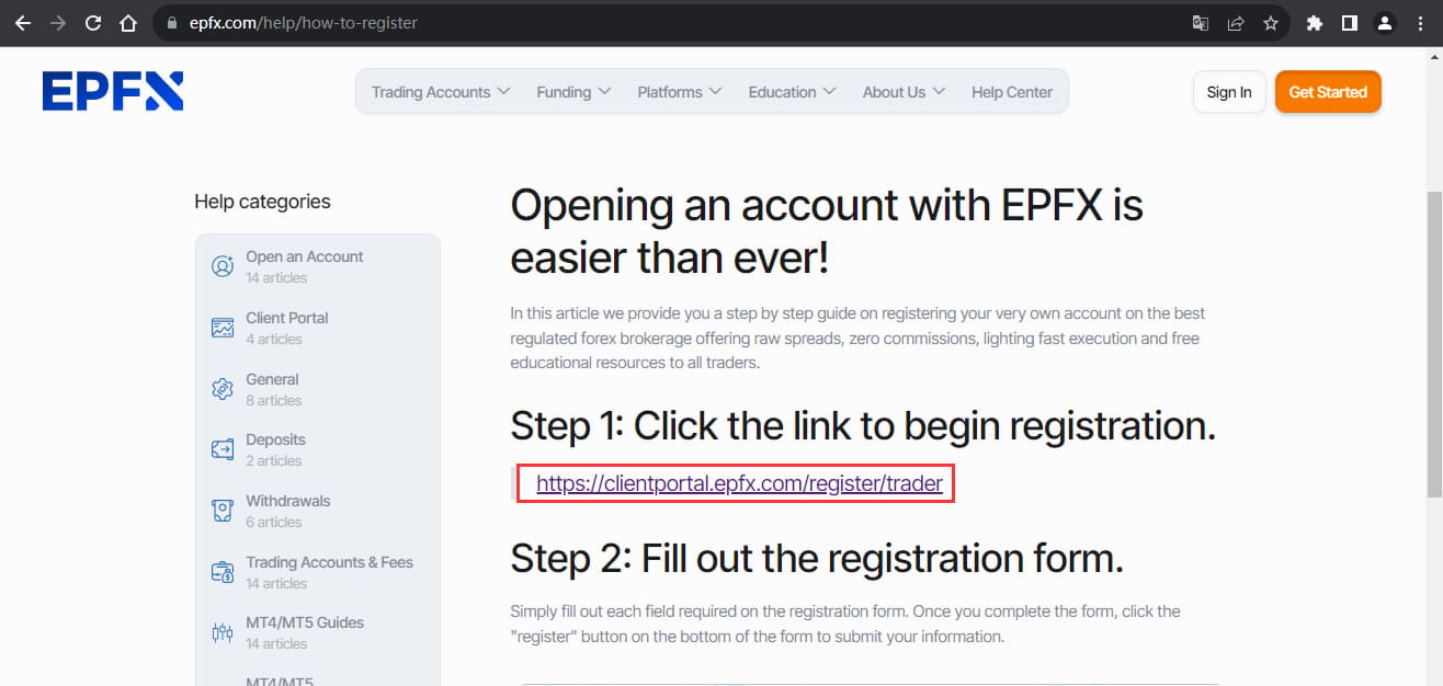 The official website displays account registration information
