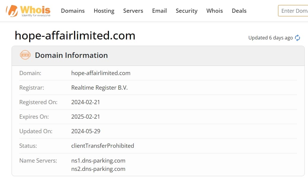 whois domain time of hope-affairlimited