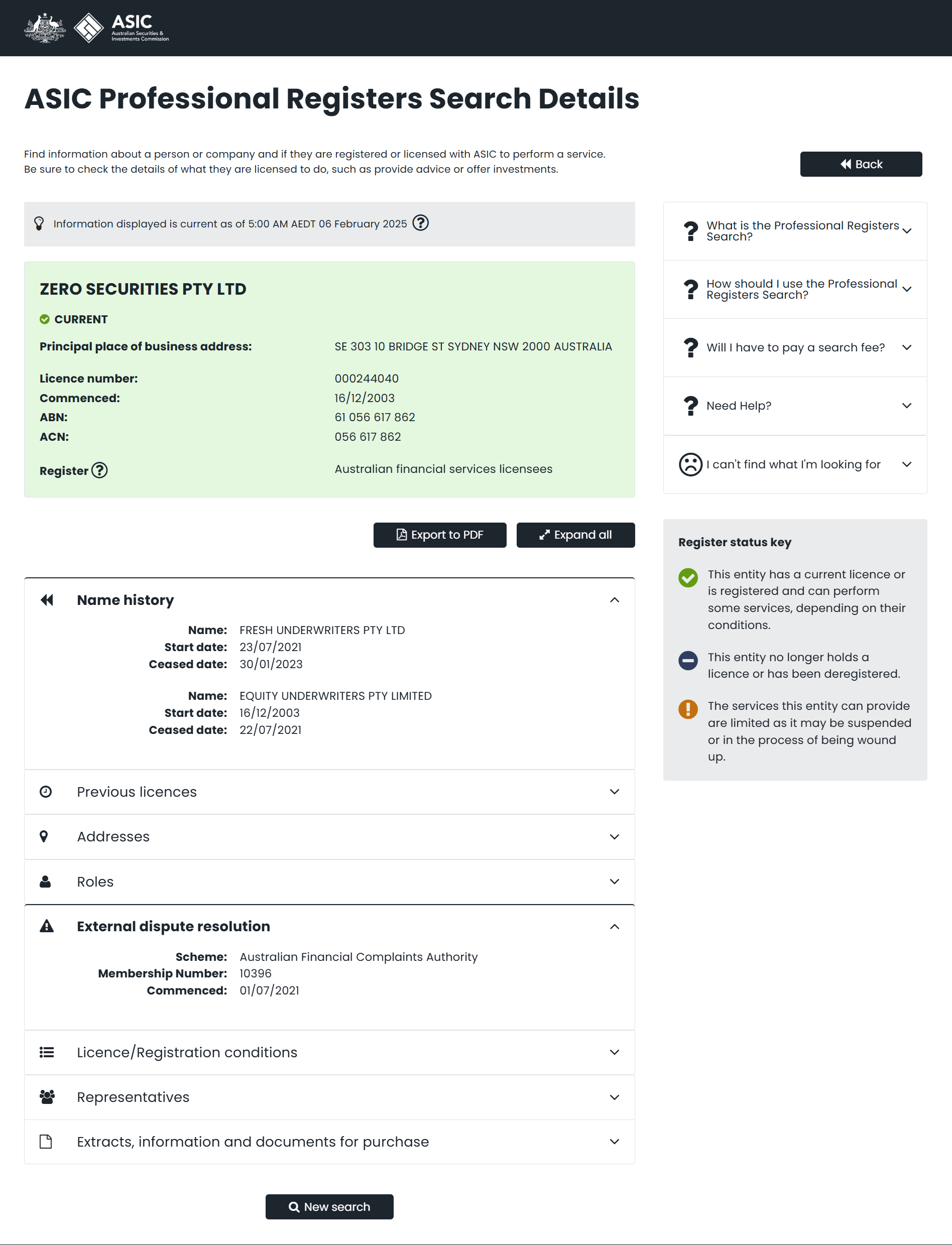 Australian Securities & Investments Commission（ASIC）Official Website