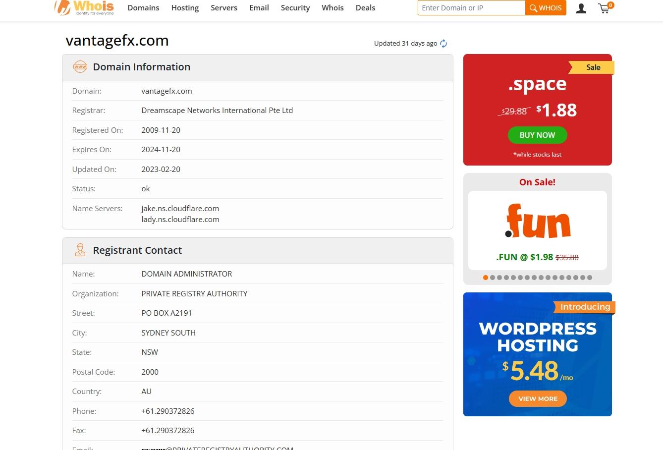 Vantage domain name registration time in whois