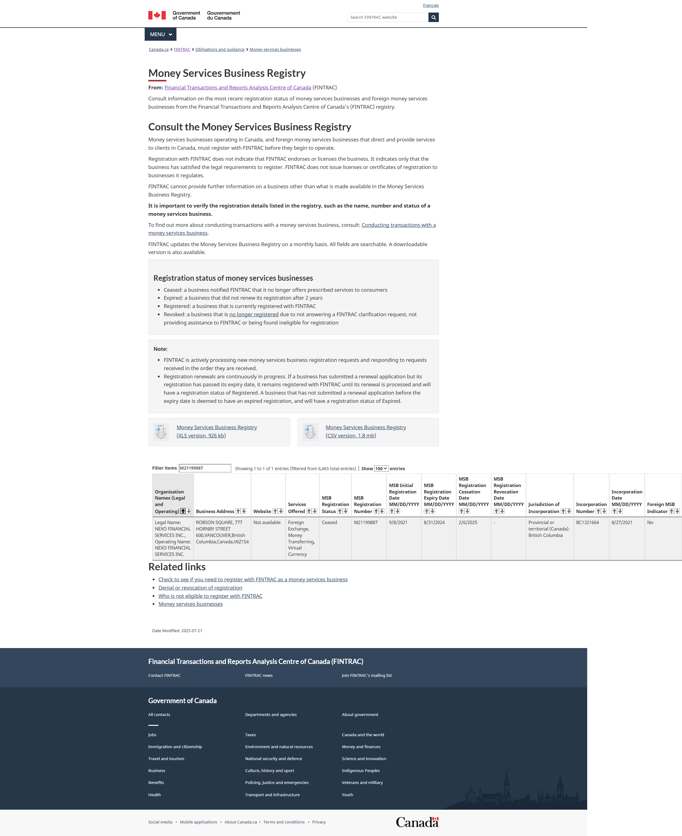 Financial Transactions and Reports Analysis Centre of Canada (FINTRAC)