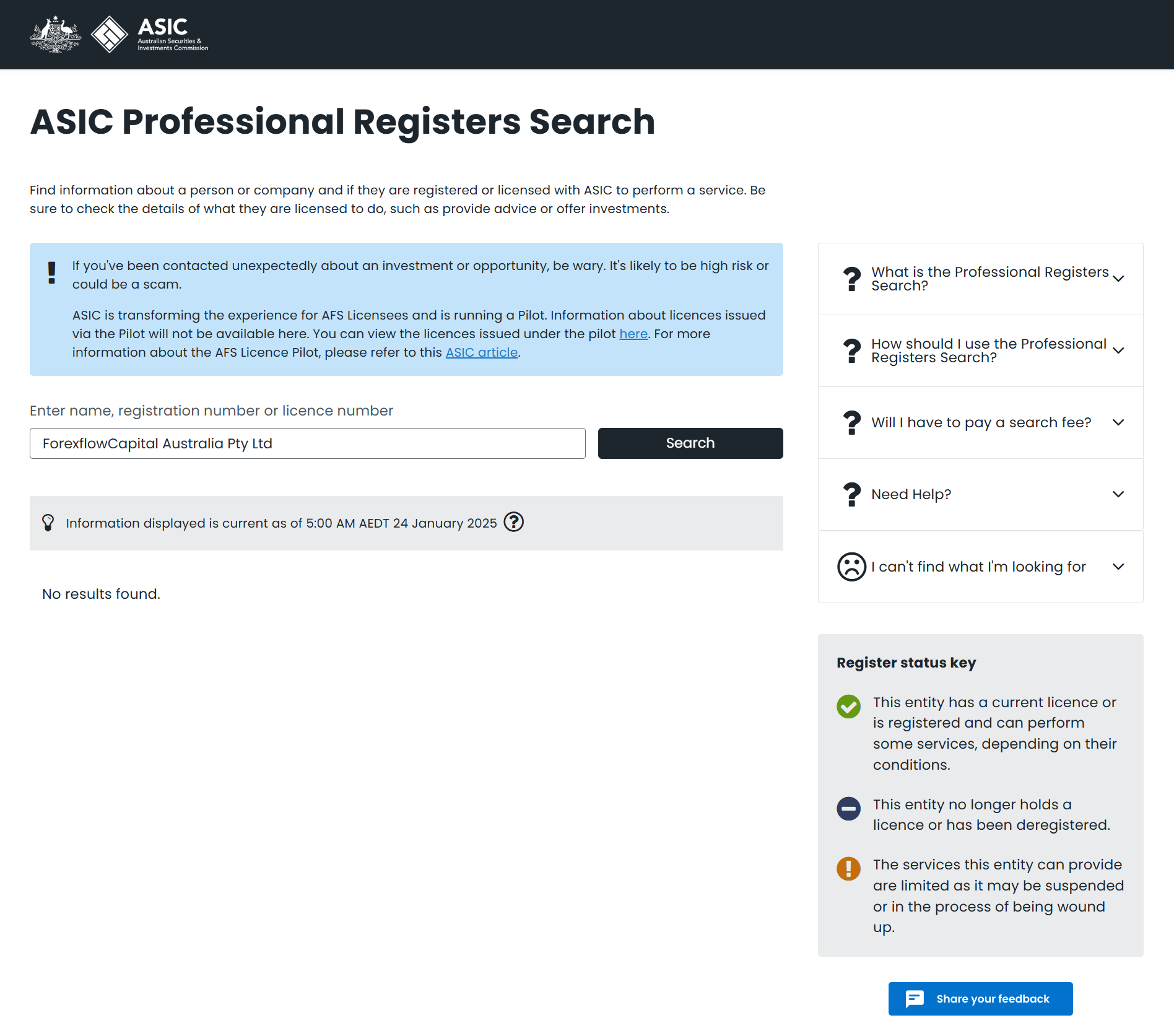 Australian Securities & Investments Commission（ASIC）Official Website